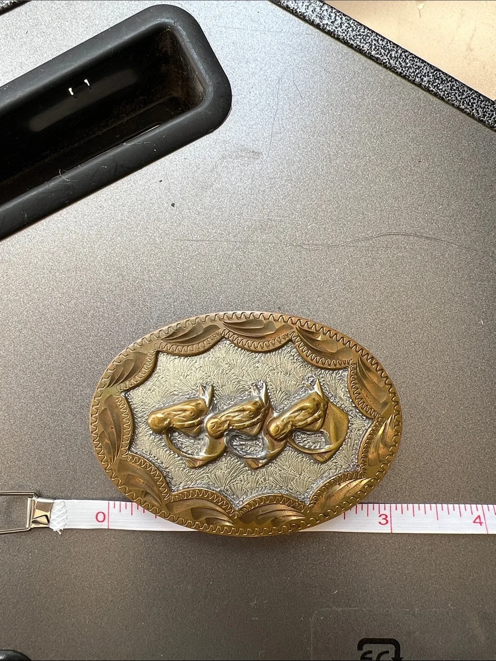 Bar J Vintage German Silver Brass Horse Trio Belt Buckle